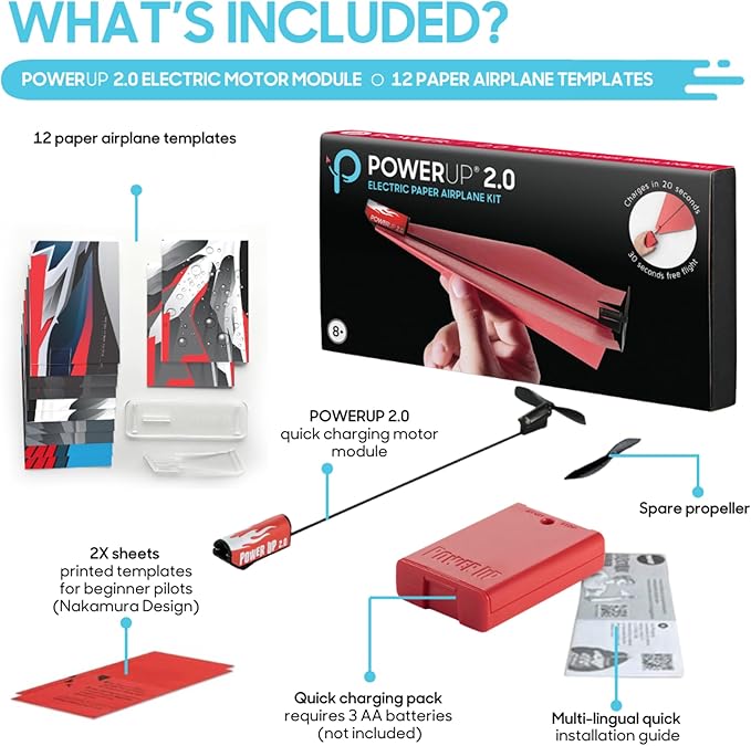 POWERUP 2.0 Paper Airplane Conversion Kit | Electric Motor for DIY Paper Planes | Fly Longer and Farther | Perfect for Kids & Adults | Ready to Use Aeroplane Engine Kits