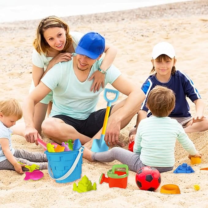Beach Sand Toy Set for Kids, 15PCS Sand Toys with Beach Bucket, Watering Can, Big Shovel, Rake, Sea Animal Molds Sand Castle Building Kit for Boys, Girls, Toddlers