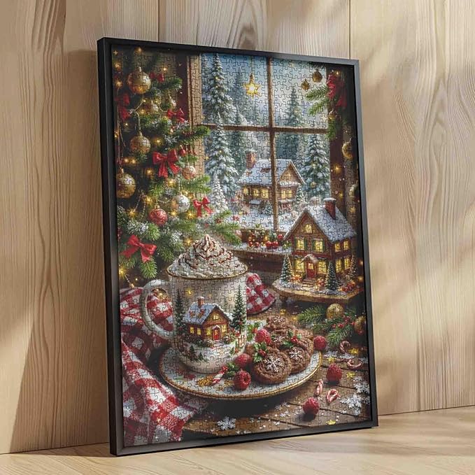 1000 Piece Jigsaw Puzzles for Adults Christmas Hot Chocolate Painting Jigsaw Puzzle 1000 Xmas Trees and Village Puzzles 20''x27”inch Winter Wonderland DIY Puzzle Art Wall Decor Family Challenging