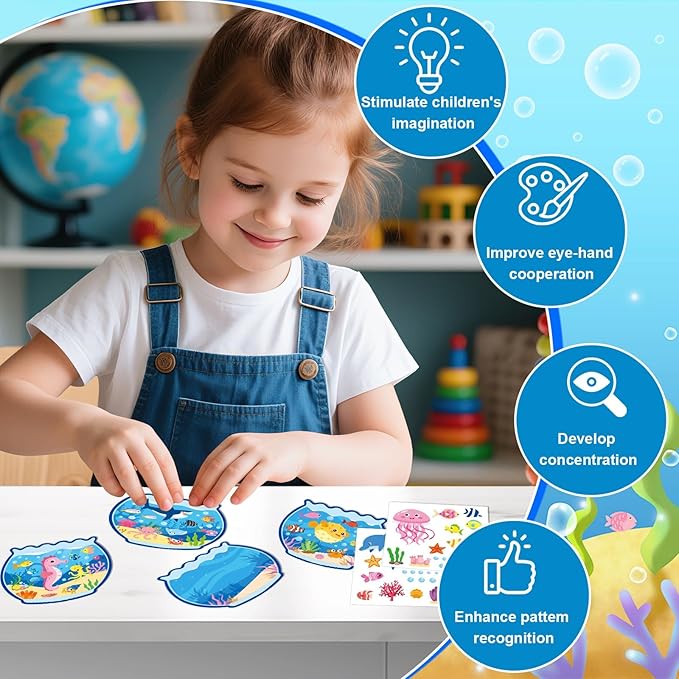 JUNEBRUSHS 30 Sets Summer Ocean Crafts Kits for Kids, Under The Sea Animals Worlds Stickers Scene for Home Classroom Game Activities Summer Crafts Party Favors