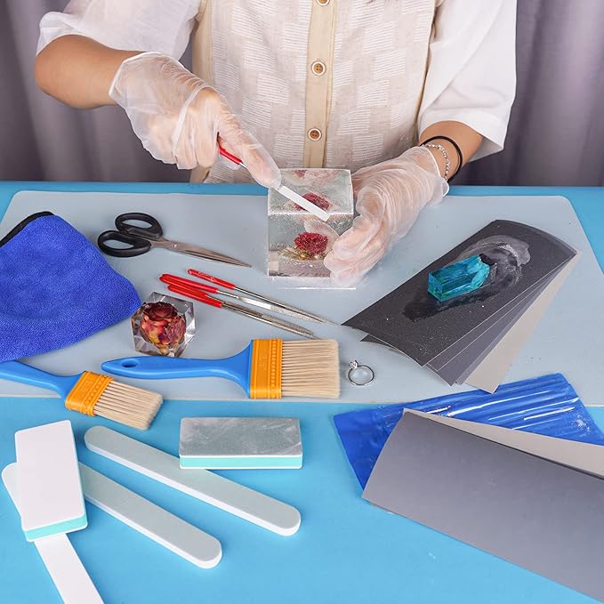 LET'S RESIN Polishing Kit,33Pcs Resin Supplies with Sandpaper,Resin File Kit,Polishing Strips&Blocks,Scissors,Wooden Brush,Cloth, Tools for Jewelry Making Supplies, Silicone Molds