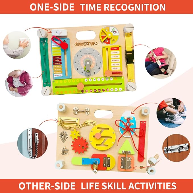 Double-Sided Montessori Busy Board for Toddlers 3-5, Train Babies Fine Motor Skills, Toddler Boy Toy of Sensory Activity Board, Wooden BusyBoard for 3+ Year Old Kids Birthday Gift