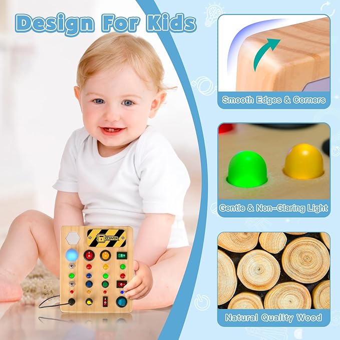 HONGDDY Wooden Sensory Busy Board for Toddler, Airplane-shaped Montessori Music Toy, Light Switch Activity Toy for Boys & Girls