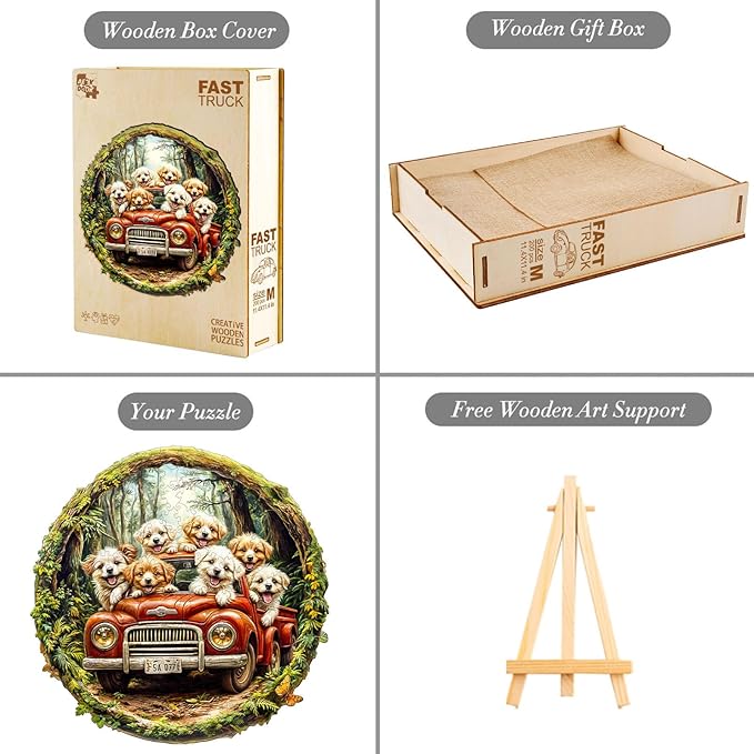 Wooden Puzzles for Adults - 200 Pieces Dog Truck Wooden Puzzle - Unique Animal Shape Wood Cut Puzzles - Eco-Friendly Home Office Decor (M-11.4 * 11.4in)