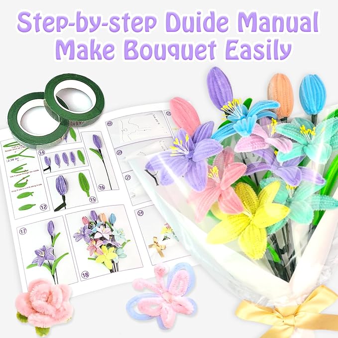 Pipe Cleaners Craft Kit 8 Assorted Colors Pipe Cleaners Bulk Flower Making Kit Chenille Stems DIY Arts and Crafts Supplies for Kids Adults Creative Bouquet Festival Home Decor Toys Gifts, Lily