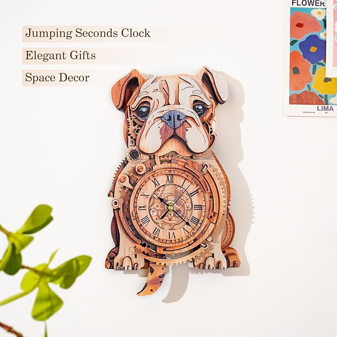 3D Wooden Puzzles for Adults Bulldog Clock - Model Building Kit Wall Clock Puzzle Creative Craft Gift Home Deco for DIY Enthusiasts, Brain Teaser Building Set Birthday Gifts