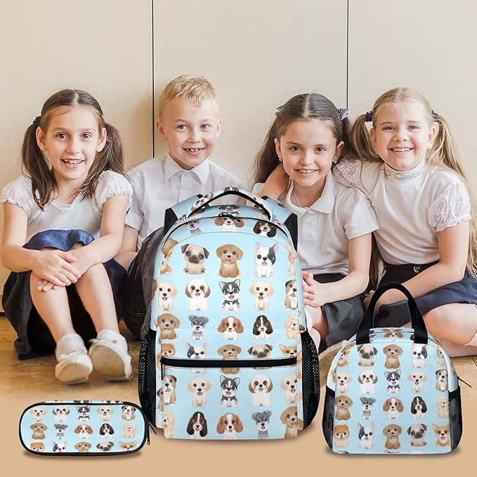 Dog Backpack with Lunch Box, Set of 3 School Backpacks Matching Combo, Cute Blue Bookbag and Pencil Case Bundle