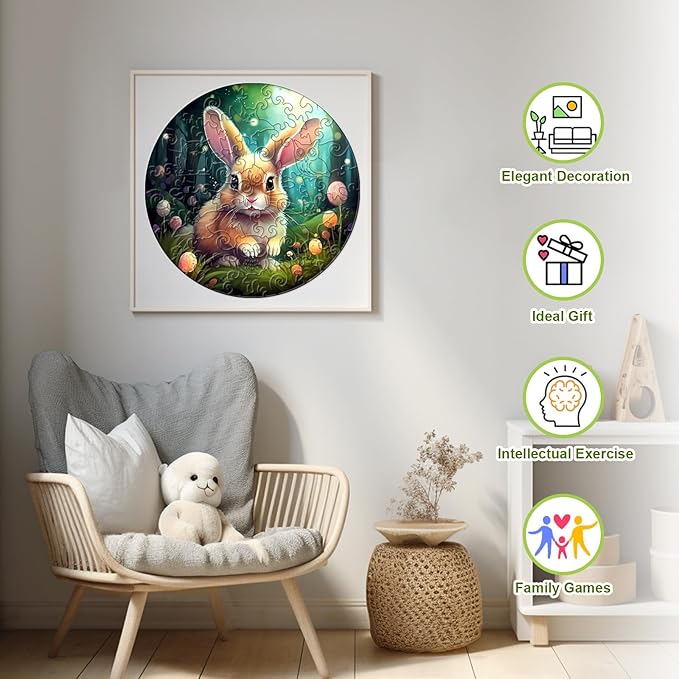 Wooden Puzzles for Kids Ages 4-8, Cute Bunny Puzzle, Unique Animal Shaped Wooden Jigsaw Puzzles for Kid, 50 Pieces Puzzles for Kids(50pcs,11.4 * 11.4in)