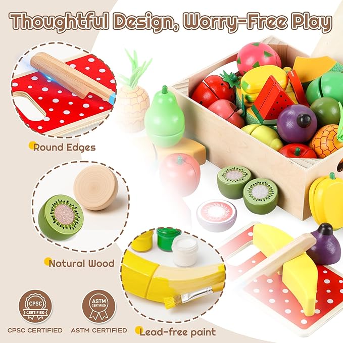 35PCS Wooden Play Food for Toddlers 1-3, Pretend Food Toys Play Kitchen Accessories with Storage Basket, Learning Cards, Cutting Food Fruits Toys Montessori Toys Gift for Kids Girls Boys Age 3 4 5 6