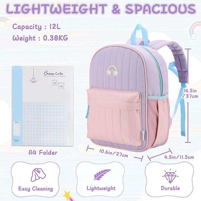 VASCHY Kids Backpack for Girls, Lightweight Quilted Color-blocked Bookbag Preschool Backpack for Kindergarten Children Light Purple Pink