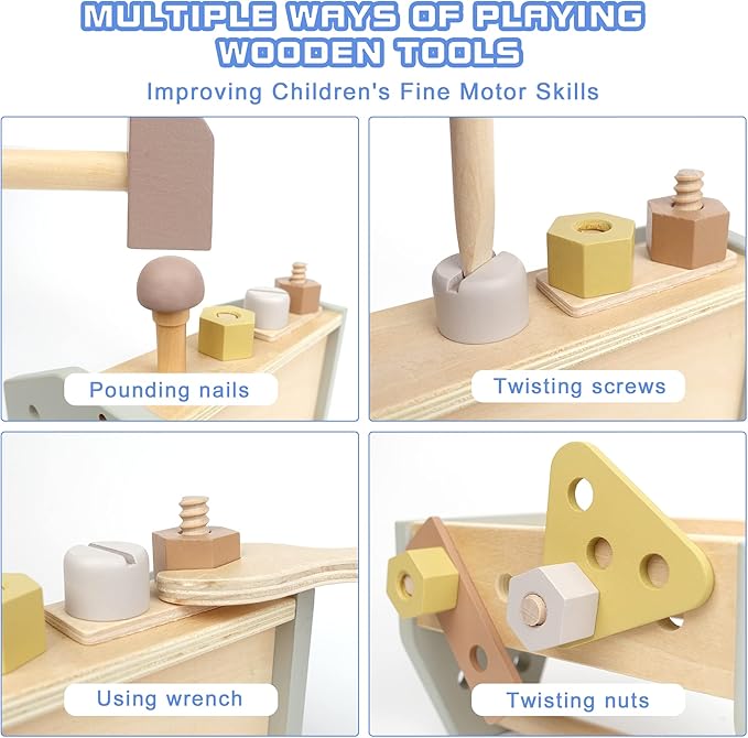 Montessori Wooden Tools Kit Toddler Educational Construction Kids Toys Sets Play Box Preschool Play Tool Wooden Construction Toy (Yellow)