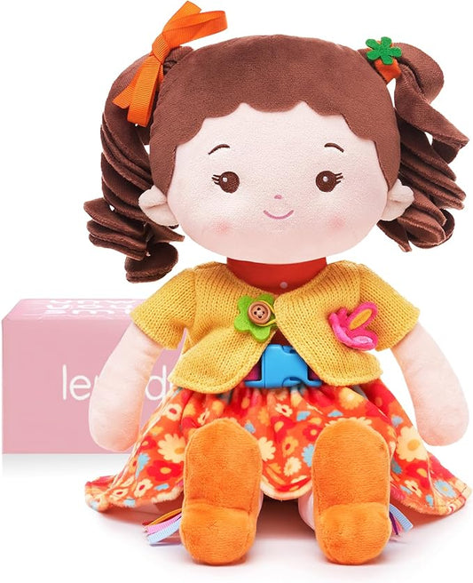 LeyaDoll Learning Sensory Doll for Toddlers, Montessori Toys for 2-Year-Old Girls Christmas, Birthday Gifts, Plush Doll with Zipper, Shoelace, Button-Busy Flora Girl