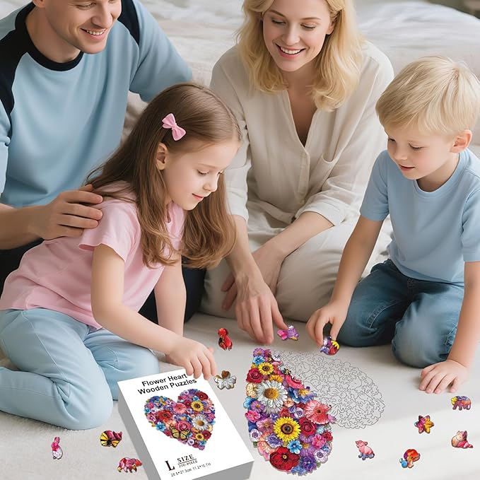 Heart Wooden Puzzles Adults, 200 Piece Flower Puzzles for Adults Vibrant Art Puzzle Unique Shaped Wood Jigsaw Puzzle Gift Fun Challenge Family Game Home Decor
