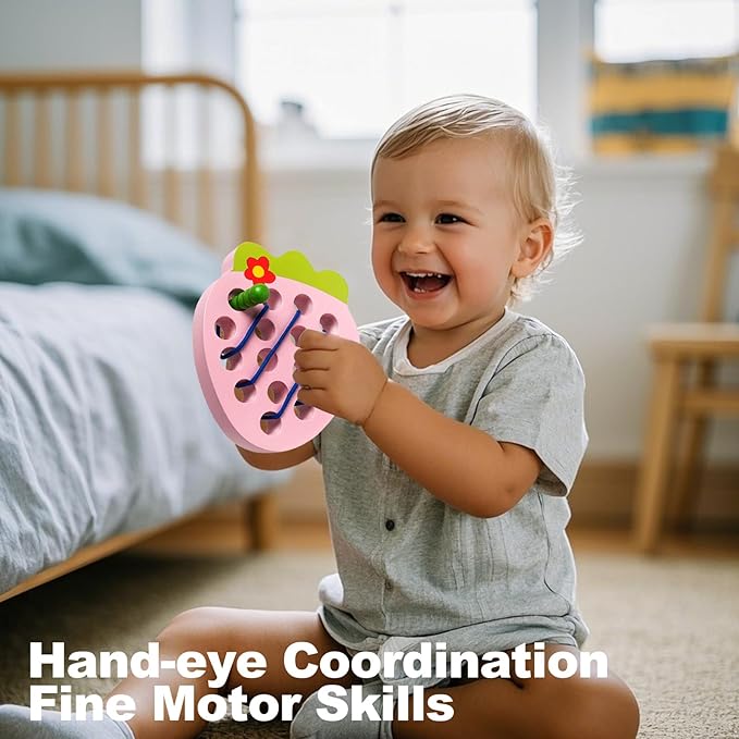 Wooden Lacing Toys for Toddlers, Baby Toys Strawberry Threading Learning Fine Motor Skills,Montessori Sensory Educational Wooden Block Puzzle Travel Gift for 3 Years Old Baby Boys Girls