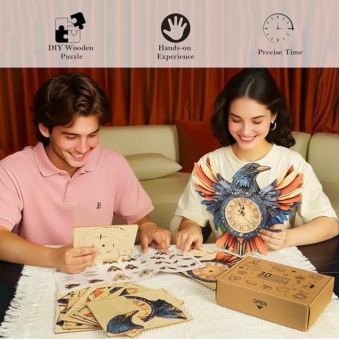KAAYEE 3D Puzzle for Adult, Wooden Raven Pendulum Clock Mechanical Model Kit, 34 PCS DIY Vintage Wall Clock Building Kit, Creative Craft Gift for Birthday Home Decor (Battery Not Included)