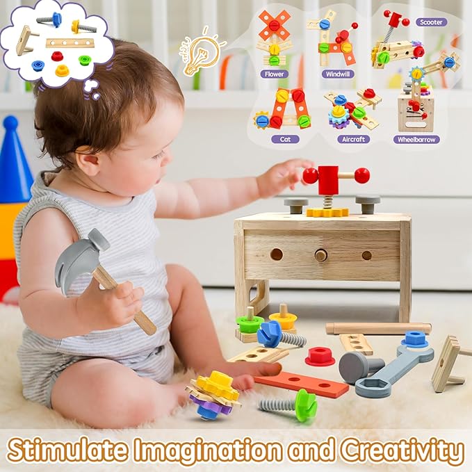 29Pcs Montessori Wooden Kids Toy Tool Box Set, Toddler Early Educational Pretend Play Construction Activity STEM Learning Toys for 2 3 4 5 Year Old Boy Girl, 1st Birthday Gifts