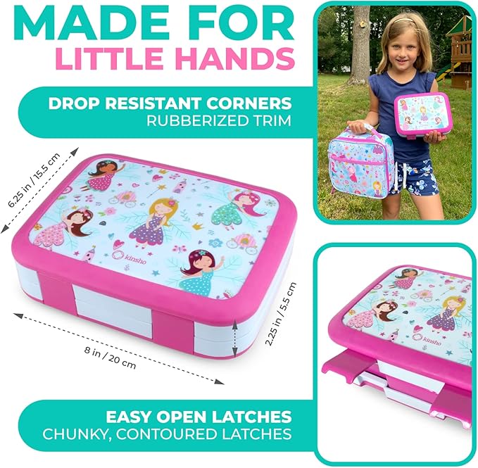Bento Lunch Box with Stainless Steel Thermo, Matching Insulated Lunch Bag and Ice Pack Set for Girls, Kids, 5 Divided Compartments, Snack Container for Toddler Daycare, Pink Fairy Princess
