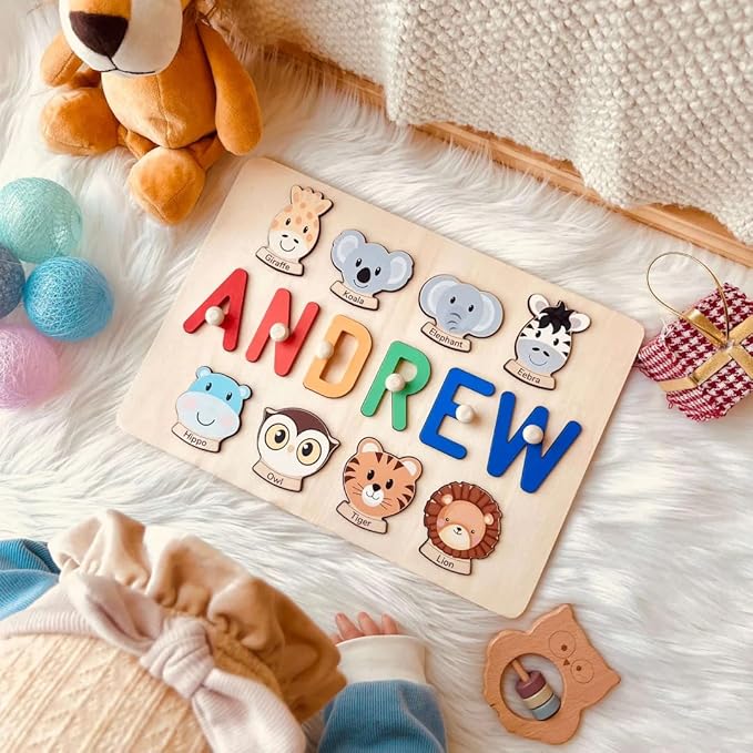 Personalized Name Puzzle - Custom Wooden Puzzle for Toddlers 1-3 - Unique Baby Shower, Christmas & 1st Birthday Gift for Boys and Girls - Keepsake Montessori Toy (Vocab)