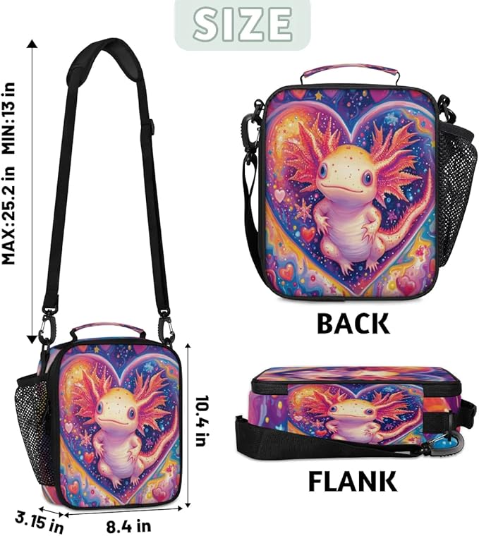 Insulated Lunch Box for Girls Kids Axolotl Lunch Bags Reusable Portable Lunchbox with Adjustable Shoulder Strap and Water Bottle Holder for Work School Travel