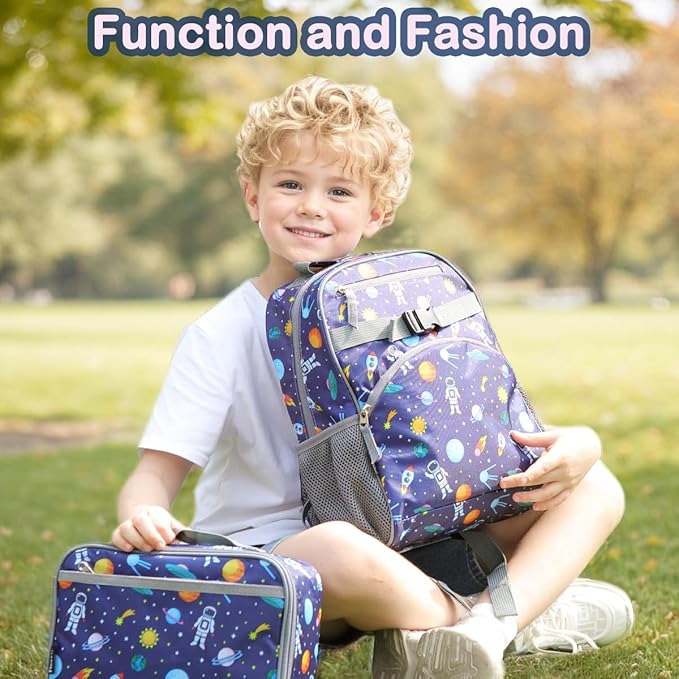 FlowFly Kids Backpack for Toddler Boys Girls, Simple Lightweight Bookbag for Daycare Kindergarten Elementary School Travel, Small Modern Bag (Medium 15'', Astronaut)