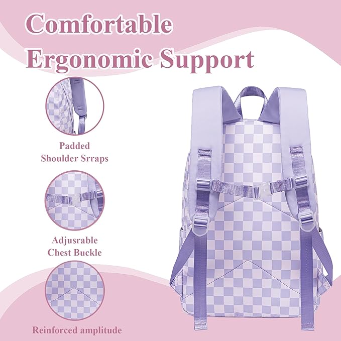LEDAOU Kids School Backpack with Lunch Box for Girls Kindergarten BookBag School Bag Preschool Toddler Backpack (Purple Checkered)