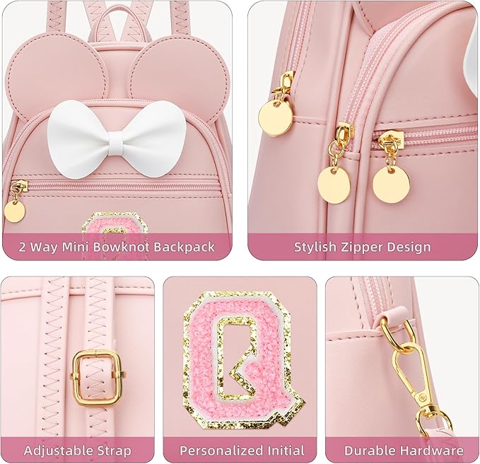 KKXIU Girls Initial Bowknot Cute Mini Backpack for Toddler, Travel Small Girl Backpacks, Personalized Trendy Stuff Gift for Little Girls and Kids(Q, Pink)