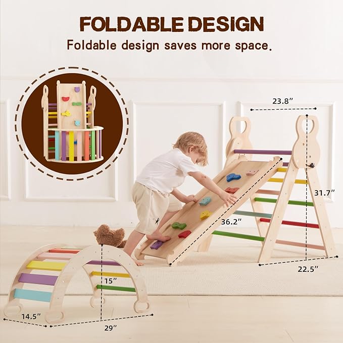 7 in 1 Large Pikler Triangle Set, Wooden Montessori Climbing Set, Foldable Toddler Baby Climbing Toys, Baby Climber Indoor Playground Jungle Gym for Toddlers Montessori Toys-Rainbow