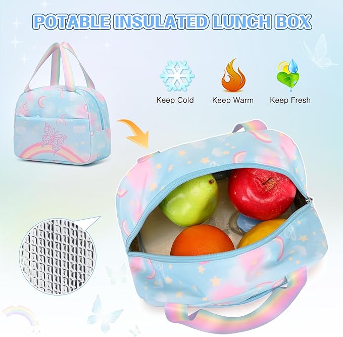 Backpack for Girls, Rainbow Butterfly Girls Backpacks with Lunch Bag Pencil Case Set, Kids Backpack Kindergarten Elementary Middle School Book Bag for Teen Girl Children Students