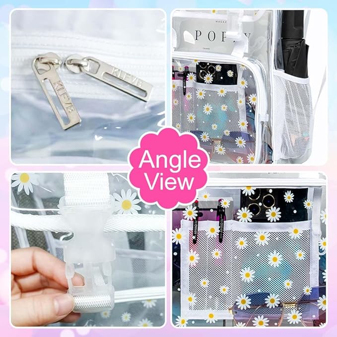 17" Daisy Clear Backpack for Girls - Flip Design Stadium Approved 3Pcs Set, Heavy Duty PVC Bookbag for Concert/School (White)