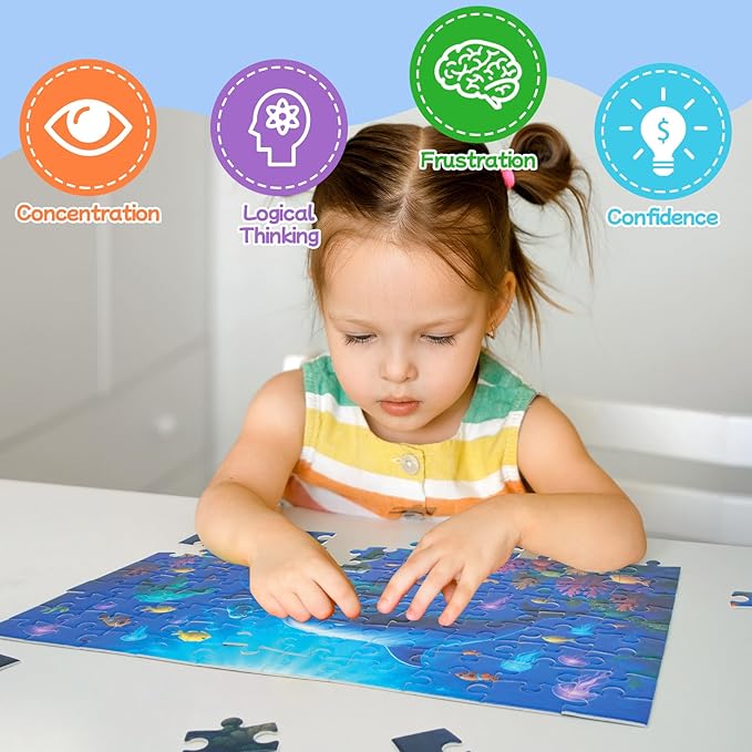 100-Piece Colorful Ocean Puzzles for Kids Ages 4-6 6-8 8-10, 100-Piece Jigsaw Puzzle with Dolphins, Sea Turtles, Fish & Coral โ Educational Toy for Boys & Girls โ Underwater Animal Puzzle Game