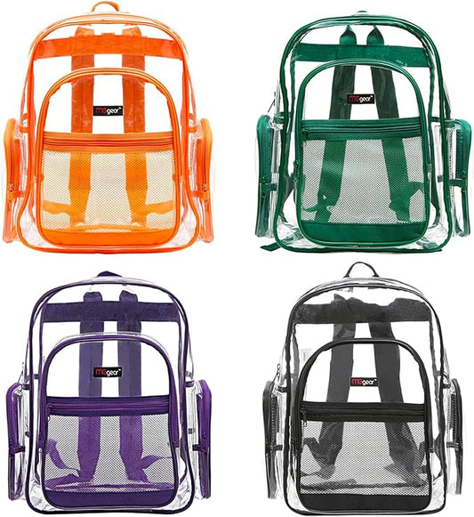 Wholesale 20-Pack Bulk Case Clear PVC Backpacks Bundle includes Black, Orange, Purple, and Green Trim, 17" Transparent School Approved Backpack, Daypack, Stadium Bag, Bookbag