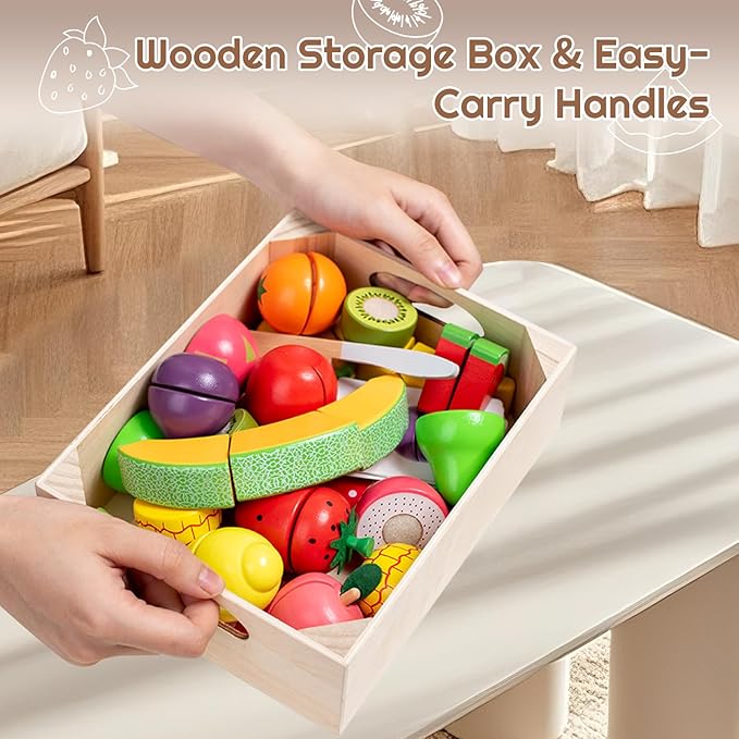 35PCS Wooden Play Food for Toddlers 1-3, Pretend Food Toys Play Kitchen Accessories with Storage Basket, Learning Cards, Cutting Food Fruits Toys Montessori Toys Gift for Kids Girls Boys Age 3 4 5 6