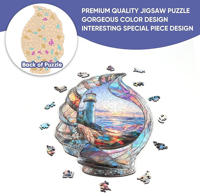 delobil Wooden Puzzles for Adults, Shell Landscape Jigsaw Puzzles 200 Pieces, Unique Shape Puzzles for Adults and Kids, 13 x 8.2 Inches Medium Size, Fun Challenging Puzzles Family Game