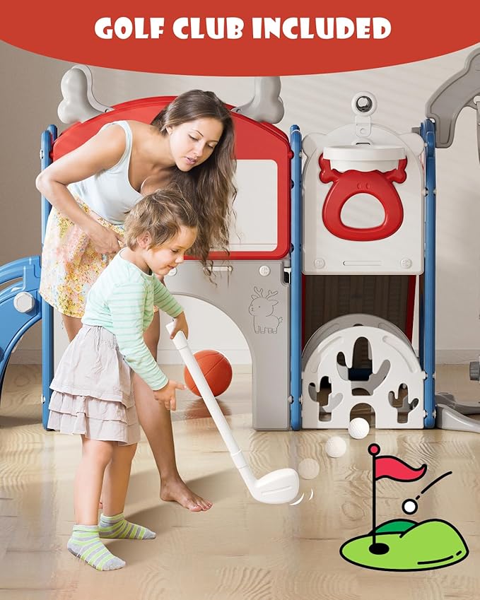 YUFU 13 in 1 Toddler Slide and Swing Set, Kids Slide for Toddlers Age 1-3, Toddler Playset with Golf Set, Basketball Hoop and Drawing Board, Outdoor Indoor Playground (Blue Red)