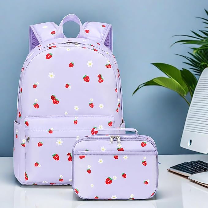 LEDAOU Kids School Backpack with Lunch Box for Girls Boys Kindergarten BookBag School Bag Preschool Toddler Backpack(Purple Strawberry)