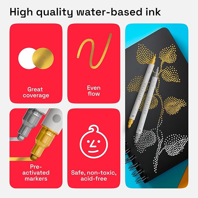 ARTISTRO 2 Gold&Silver Dual-Tip Acrylic Paint Pens - Multisurface Markers for Glass, Rock, Fabric, Wood, Plastic & More - 5mm Dot + 1mm Fine Tips