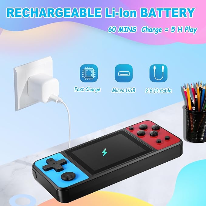Beico 32 Bit Kids Handheld Games Preloaded 139 Video Games,Portable Electronic Toys with 3.0" IPS Screen Rechargeable Battery,Gaming System Birthday Gifts for Boys Girls Ages 4-12 (Blue-Red)