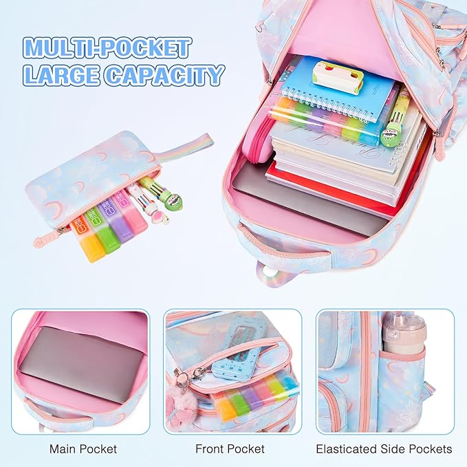 Backpack for Girls, Rainbow Butterfly Girls Backpacks with Lunch Bag Pencil Case Set, Kids Backpack Kindergarten Elementary Middle School Book Bag for Teen Girl Children Students