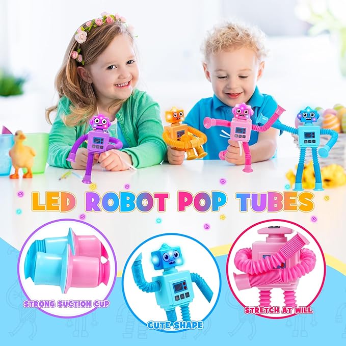 Robot Fidget Toys for Kids : 4 Pack LED Robotic Pop Tubes Telescopic Suction Cup Sensory Toy for 3 4 5 6 7 8 Year Old Boys Girls Halloween Birthday Gifts for Kid Ages 3-5 Toddler Travel Toy