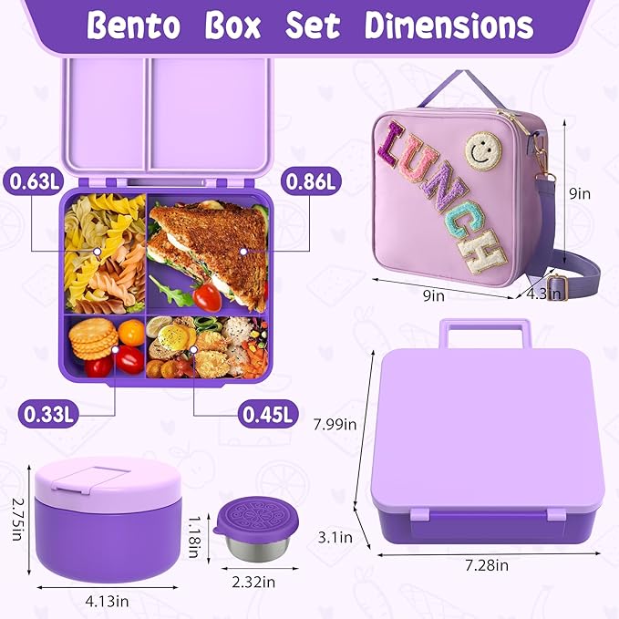 Kids Bento Lunch Box with 8oz Soup Thermo, Kids Leakproof Lunch Food Containers with 4 Compartment,Insulated Hot Food Jar with Lunch Bag for School, Travel (Purple)