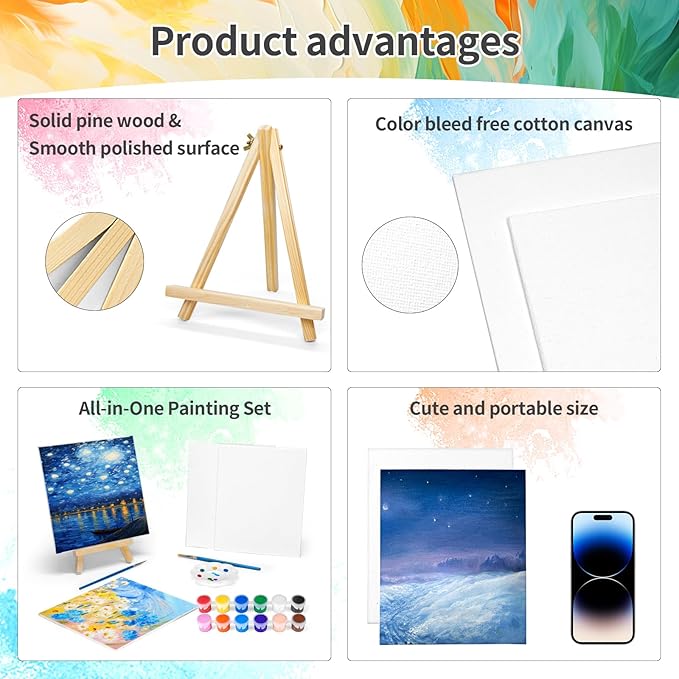 16 Pack 8 * 10In Canvas Boards for Painting, Art Canvas for Drawing with 32 Brushes & 16 Paint Trays & 32 Acrylic Paint, Mini Painting Canvas with Easel Set, Painting Kits for Adults & Kids Party