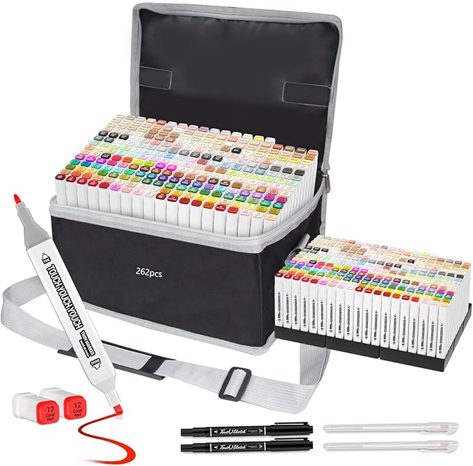 Banral 262 Colors Dual Tip Alcohol Based Markers, Twin Sketch Art Marker Set for Artists Adult Coloring Drawing Sketching Card Making Illustration, Premium Brush Pens with Case