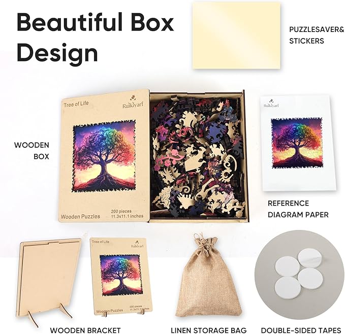 Ruikiyart Wooden Puzzles for Adults, 5MM 200 Pieces Color-Tree of Life Wooden Jigsaw Puzzles, Plant Unique Shaped Puzzle Gifts for Adults and Kids on Thanksgiving, Family Puzzle Games(11.3"*11.1")