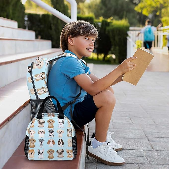 Dog Backpack with Lunch Box, Set of 3 School Backpacks Matching Combo, Cute Blue Bookbag and Pencil Case Bundle