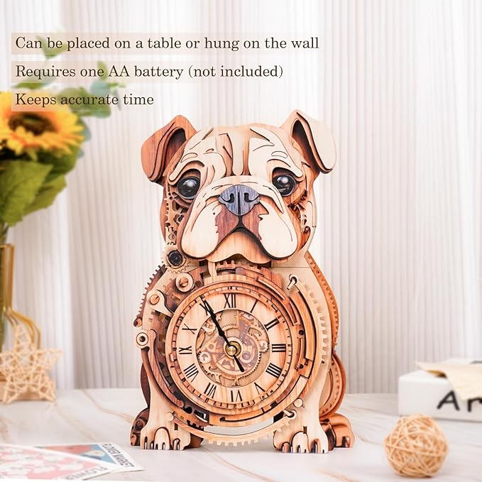 3D Wooden Puzzles for Adults Bulldog Clock - Model Building Kit Wall Clock Puzzle Creative Craft Gift Home Deco for DIY Enthusiasts, Brain Teaser Building Set Birthday Gifts