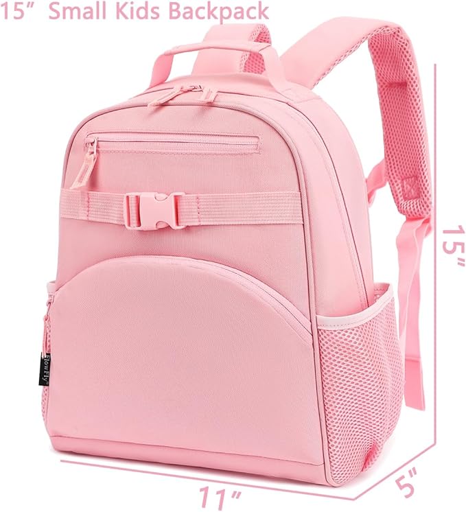 FlowFly Kids Backpack for Toddler Boys Girls, Simple Lightweight Bookbag for Daycare Kindergarten Elementary School Travel, Small Modern Bag (Medium 15''), Pink