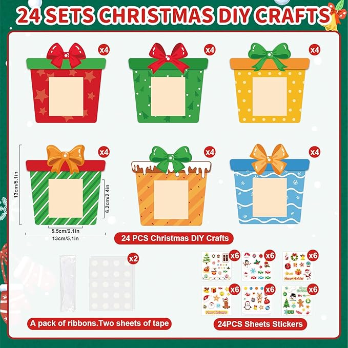 24 PCS Christmas Picture Frame Ornaments Paper DIY Photo Frame Craft Set Hanging Decorations For Christmas Tree Decor (Gift Box)