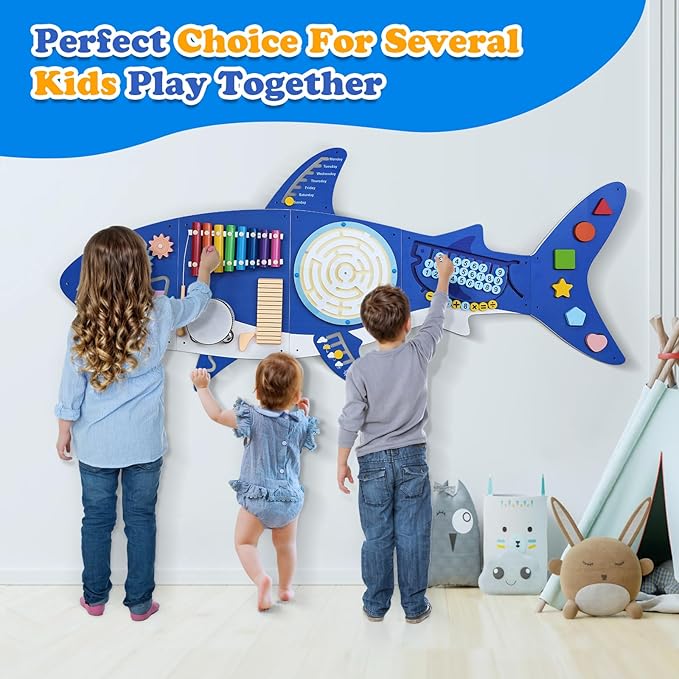 Weihnacht Shark Wall Busy Board Panels,11-in-1 Montessori Sensory Toys, Toddler Learning Activity Center,Montessori Philosophy Sensory, Educational Toys, Conducive to All-Round Development
