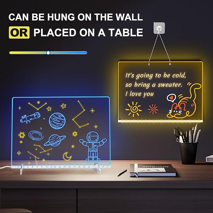 LED Note Board with 7 Colors, Includes Adapter, 13"x10" Led Drawing Board for Kids with Invisible Stand, Light Up Dry Erase Board with 7 Markers, Soft Cloth, Hanging Chain, Holiday Trend Gift