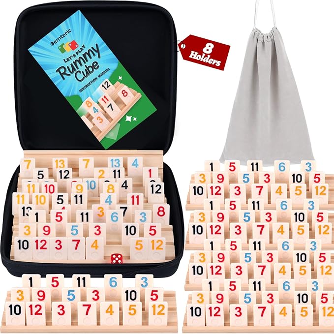 Rummy Cube Game 6-8 Players with Portable Travel Case, 214 Melamine Rummy Tiles & 8 Wooden Holders, Classic Family Strategy Board Game for Adults Kids